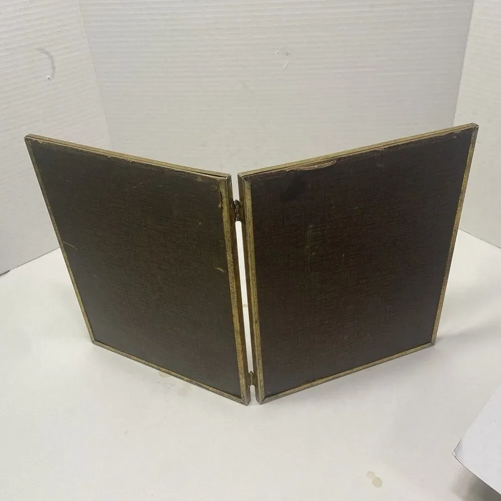 Vintage 8x10 Photo Picture Frame Bi-fold Gold Tone Brass Metal Double Hinge